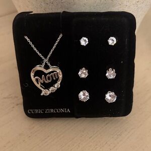Cubic Zirconia 'Mom' Necklace and Earring Set - Silver